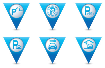 Parking sign on blue triangular map pointers. Vector illustration

