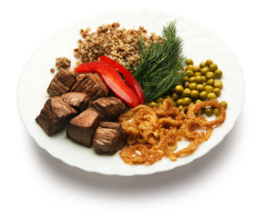 pieces of fried meat with a garnish on a plate on a white background
