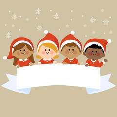 Obraz na płótnie Canvas Children dressed in Christmas costumes holding a blank banner. Vector illustration