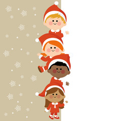 Children dressed in Christmas costumes holding a blank banner. Vector illustration