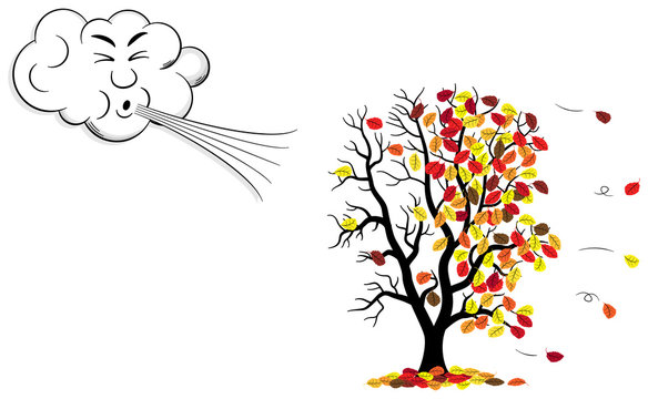 Cartoon Wolke, die Herbstlaub vom Baum bl&auml;st