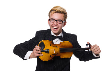 Young musician with violin isolated on white