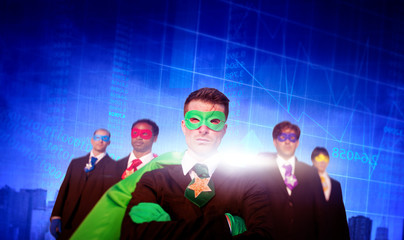 Superhero Business People Strength Cityscape Stock Exchange Conc