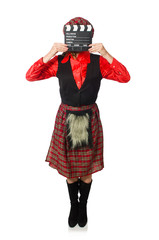 Funny woman in scottish clothing with movie board