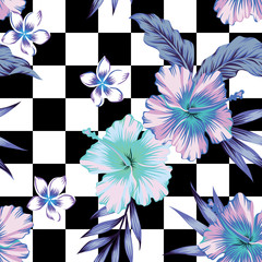 hibiscus and palm leaves blue pattern