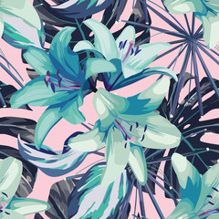Materiał do szycia blue lily and leaves seamless background