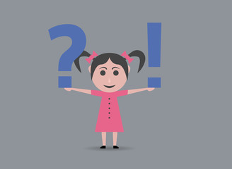 girl holding question marks and exclamation
