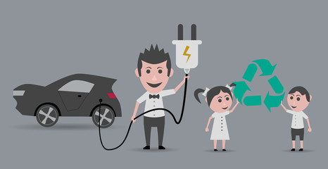 man with electric car and children with recycling symbol