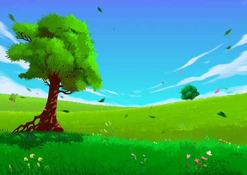 Illustration: The Spring. Fantastic Cartoon Style Scene Wallpaper Background Design with Story.