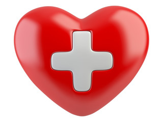 3d health care icon, white cross in red heart