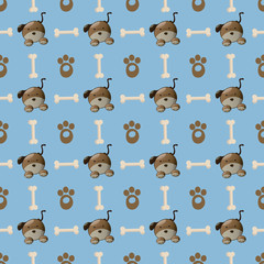 Seamless colorful dog pattern with paw and bone.