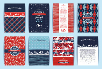 Christmas and New Year Set. Plaid and knitted backgrounds.
