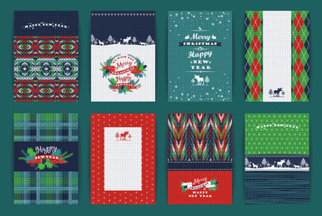 Christmas and New Year Set. Plaid and knitted backgrounds.