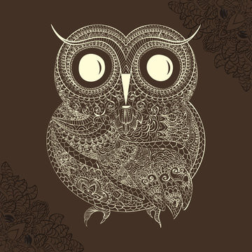 Vector illustration of owl. Bird illustrated in tribal.Owl whith