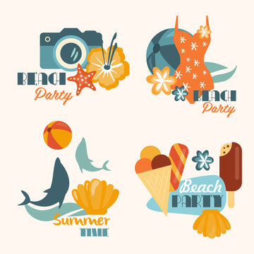 Set of Beach Party and Summer Time Vacation Vector Illustrations