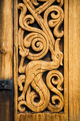 The wooden detail of the medieval Norwegian church in Heddal.