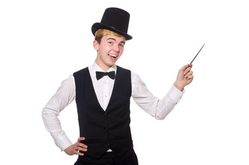 Magician with magic stick isolated on white