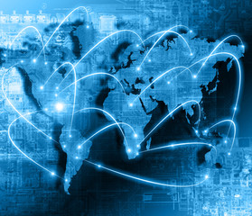 World map on a technological background, glowing lines symbols