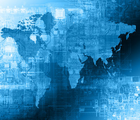 Obraz premium World map on a technological background, glowing lines symbols