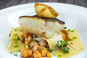 Black hake, prawns ragout and fresh pasta