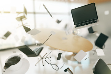 Concept of chaos in a modern office, with flying computers, chai © Who is Danny