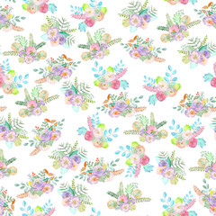 Seamless floral pattern of bouquets with flowers, leaves and plants painted in watercolor on a white background