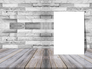 Blank white paper poster on plank wooden table and pattern marble wall,Template mock up for adding your design