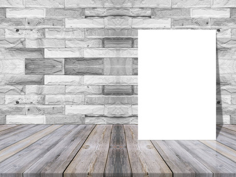 Blank white paper poster on plank wooden table and pattern marble wall,Template mock up for adding your design