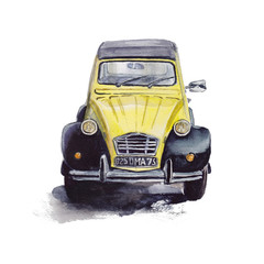 Vintage yellow car. Watercolor hand drown illustration of retro styled car.