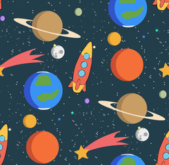 Seamless space pattern. Kid's elements for scrap-booking. Childish background. Universe vector illustration