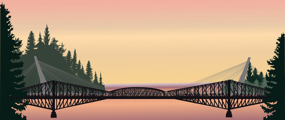 long bridge above lake at sunset