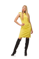 Pretty fair girl in yellow dress isolated on white