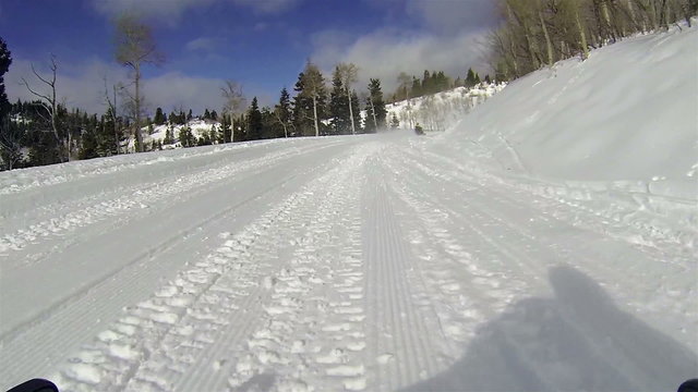 Snowmobile high mountain forest groomed road HD 1004