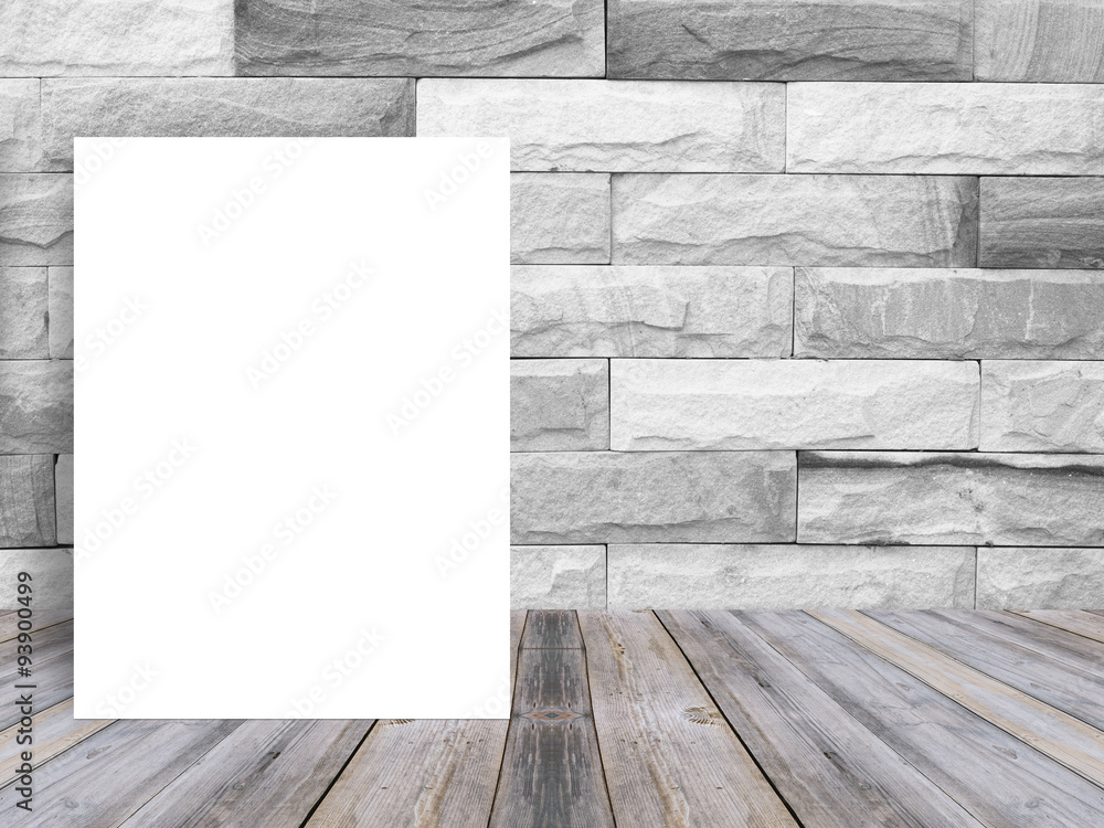 Wall mural blank white paper poster on plank wooden floor and pattern marble wall, template mock up for adding 