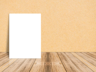 Blank white paper poster at tropical plank wooden floor and white wall, Template mock up for adding your content,leave side space for display of product