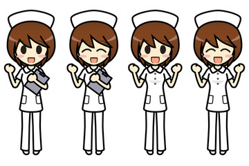 シンプルキャラクター　会話・表情イラスト集　看護師（パンツスタイル・ナースキャップ） 女性　ガッツポーズ1