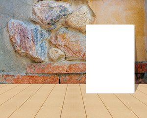 White Blank Poster in crack brick wall and wooden floor room,Template Mock up for your content