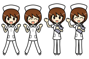 シンプルキャラクター　会話・表情イラスト集　看護師（パンツスタイル・ナースキャップ） 女性　ガッツポーズ2