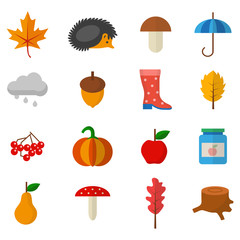 Set of autumn objects in a flat style