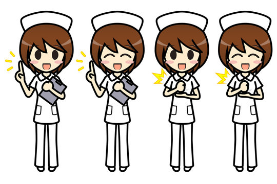 シンプルキャラクター 会話 表情イラスト集 看護師 パンツスタイル ナースキャップ 女性 要点 納得 Stock Illustration Adobe Stock