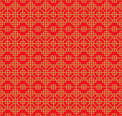 Golden seamless Chinese style lattice square octagon geometry pattern background.
