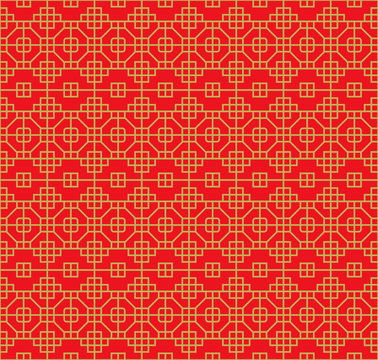 Golden seamless Chinese style lattice square octagon geometry pattern background.
