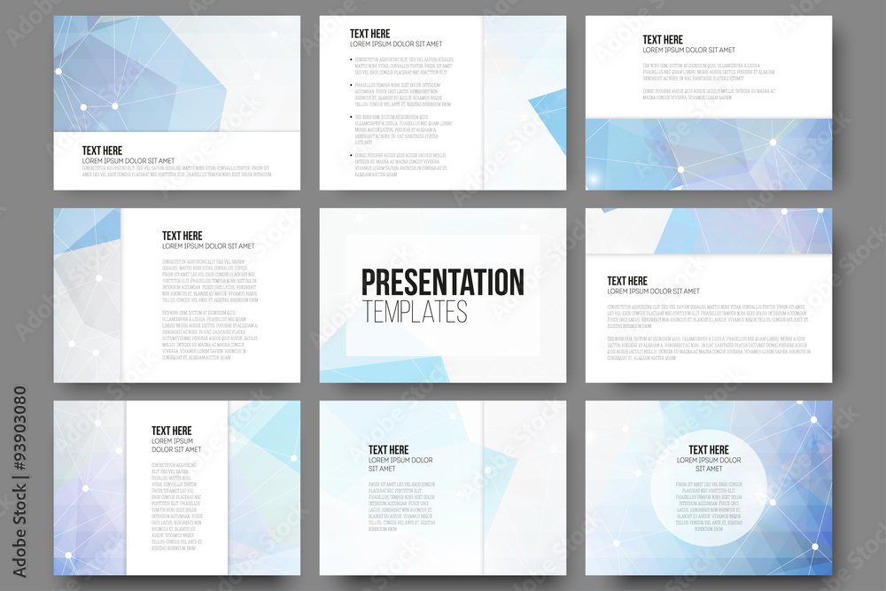 Poster set of 9 templates for presentation slides. abstract blue