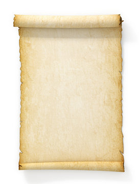 Scroll of old yellowed paper on white background.