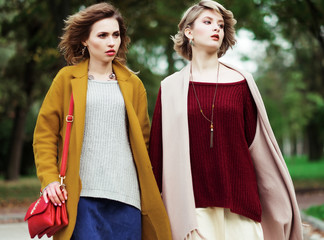 Two cheerful girls  in the autumn park