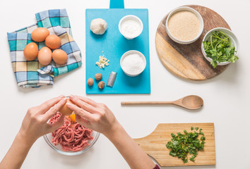 Good-looking female hands while preparing delicious traditional italian meatballs