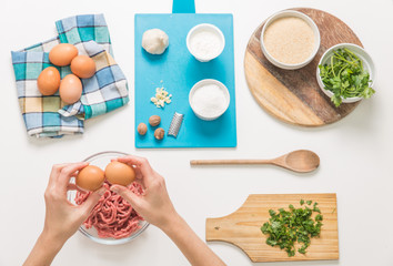 Good-looking female hands while preparing delicious traditional italian meatballs