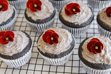 Homemade chocolate cupcakes with cookie and cream frosting and edible flower