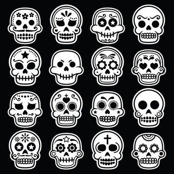 Halloween, Mexican sugar skull, Dia de los Muertos white icons on black