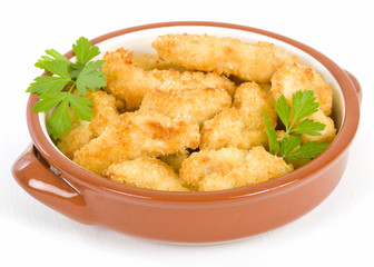 Chicken Goujons- Breaded and deep fried chicken pieces.
